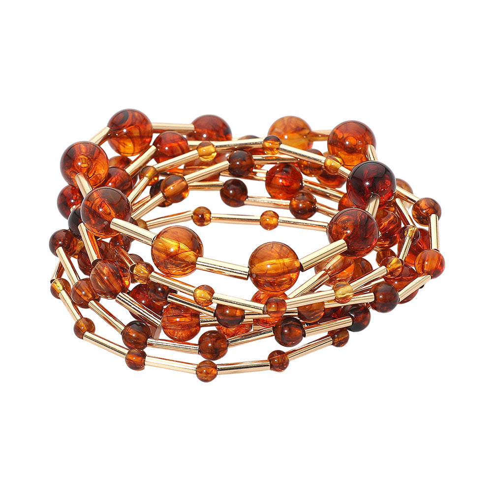 Madeline Love Gold, Tortoise 7PCS - Resin Ball Metal Bar Beaded Stretch Multi Layered Bracelets - extra