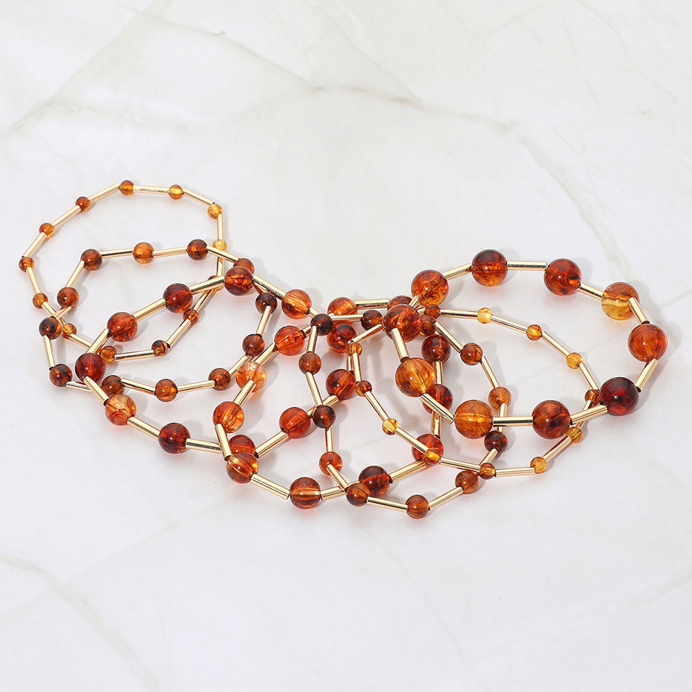 Madeline Love Gold, Tortoise 7PCS - Resin Ball Metal Bar Beaded Stretch Multi Layered Bracelets - extra
