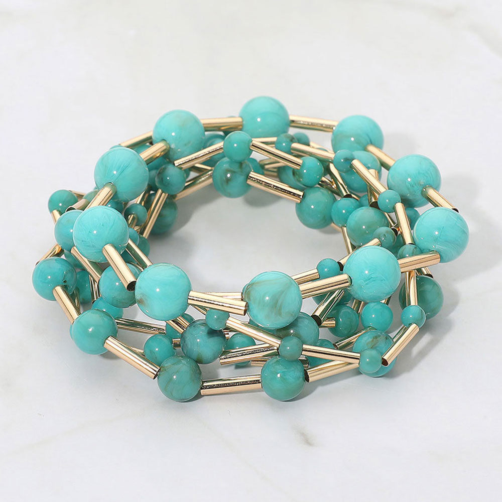 Madeline Love Gold, Turquoise 7PCS - Resin Ball Metal Bar Beaded Stretch Multi Layered Bracelets