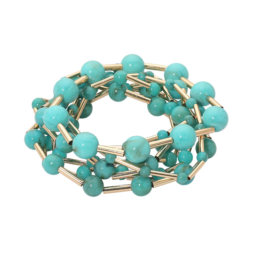 Madeline Love Gold, Turquoise 7PCS - Resin Ball Metal Bar Beaded Stretch Multi Layered Bracelets - desc