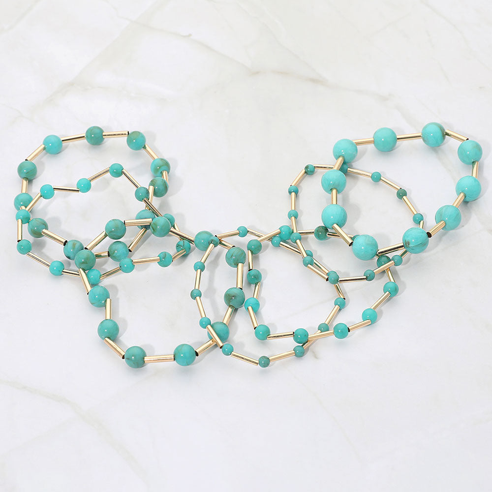 Madeline Love Gold, Turquoise 7PCS - Resin Ball Metal Bar Beaded Stretch Multi Layered Bracelets - extra