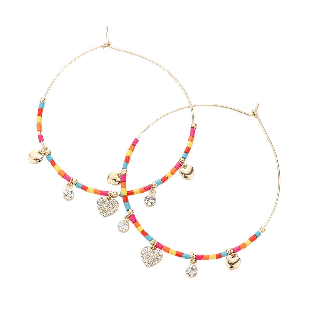 Multi  Rhinestone Embellished Metal Heart Beaded Open Circle Earrings add a touch of elegance to any outfit. With intricate rhinestone details and a unique open circle design, these earrings are perfect for any occasion. Made with high-quality materials, these earrings are both stylish and durable. Upgrade your accessory game with these stunning earrings.