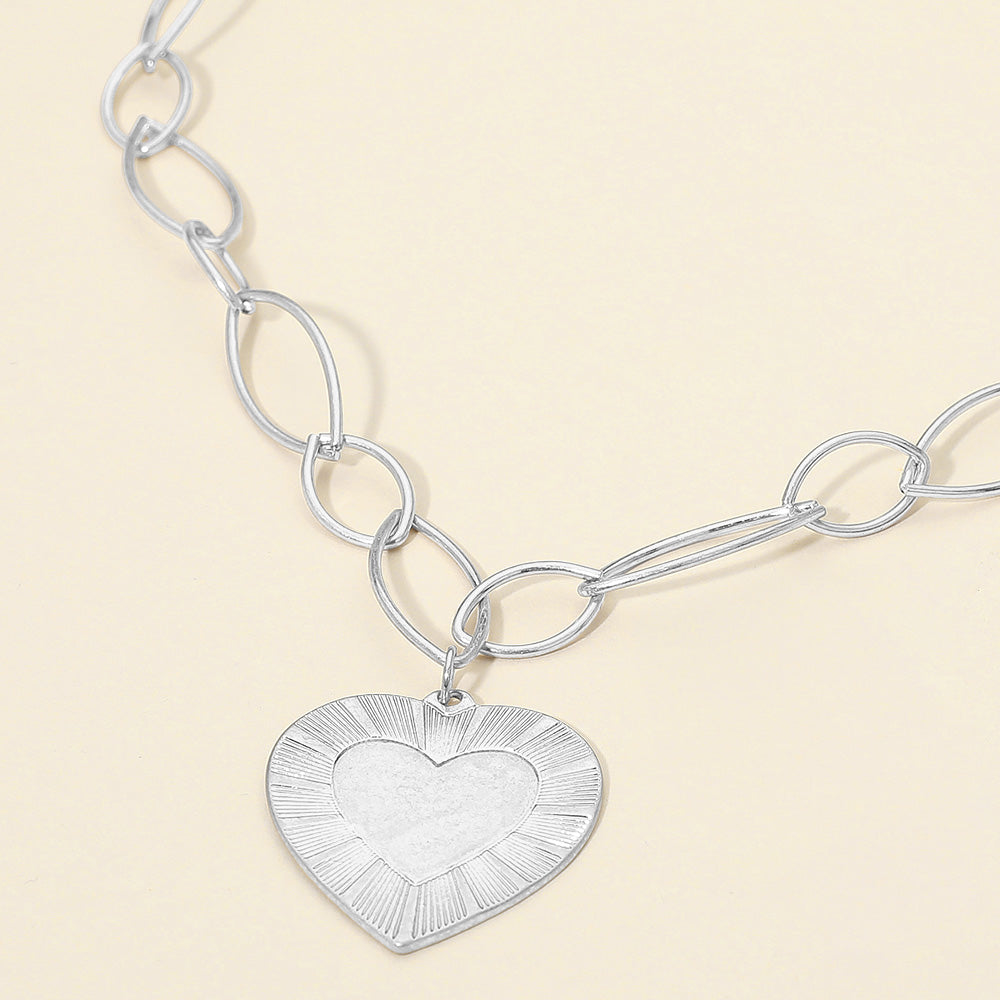 Madeline Love Worn Silver Bold Textured Heart Pendant Oval Link Chain Necklace - Necklaces