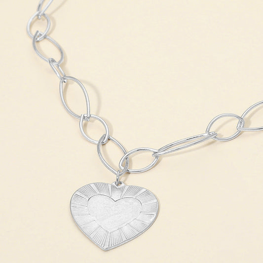 Madeline Love Worn Silver Bold Textured Heart Pendant Oval Link Chain Necklace - Necklaces