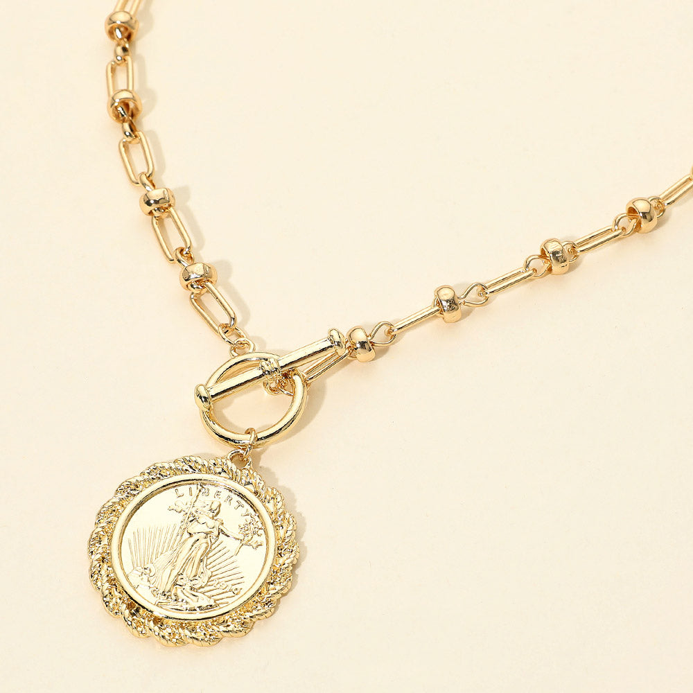 Madeline Love Gold Textured Metal Coin Medallion Pendant Chunky Chain Toggle Necklace