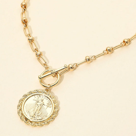 Madeline Love Gold Textured Metal Coin Medallion Pendant Chunky Chain Toggle Necklace