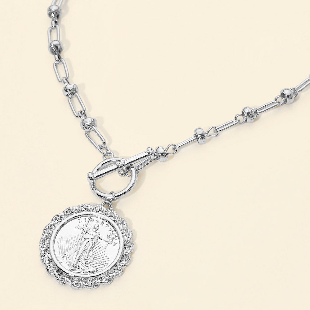 Madeline Love Rhodium Textured Metal Coin Medallion Pendant Chunky Chain Toggle Necklace