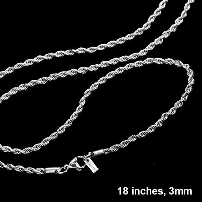 Madeline Love Rhodium 18 INCH, 3mm Stainless Steel Rope Chain Necklace - Necklaces