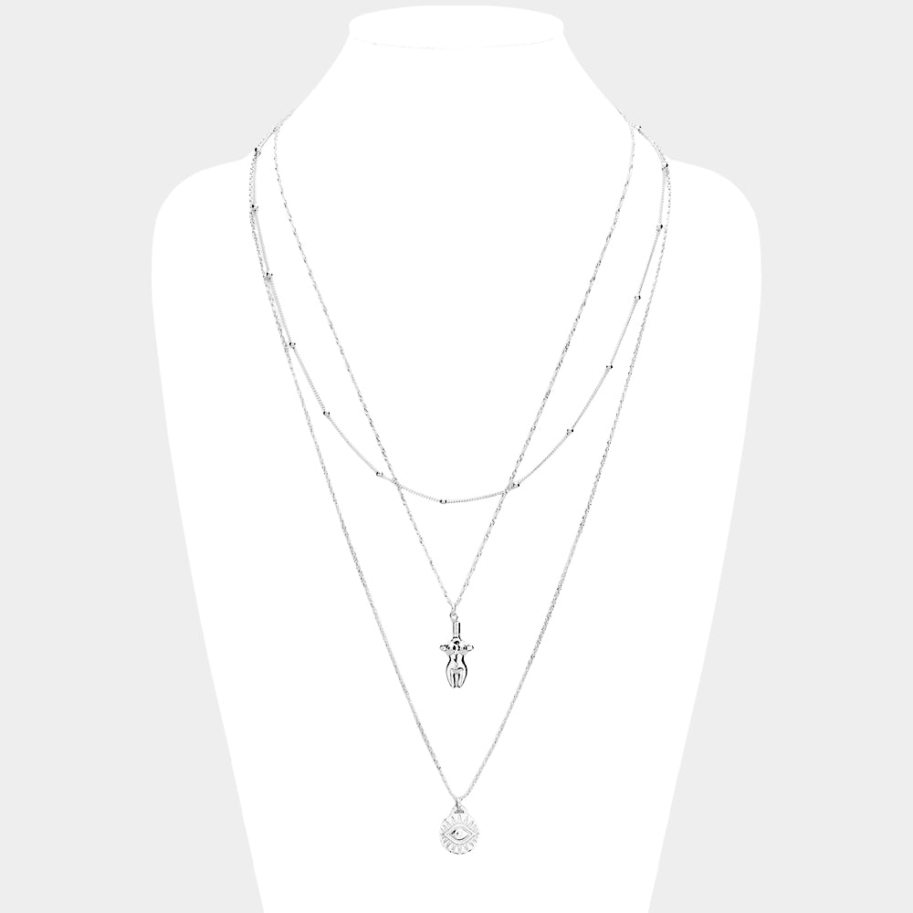 Madeline Love Clear, Rhodium Evil Eye Body Pendant Metal Layered Necklace - Necklaces