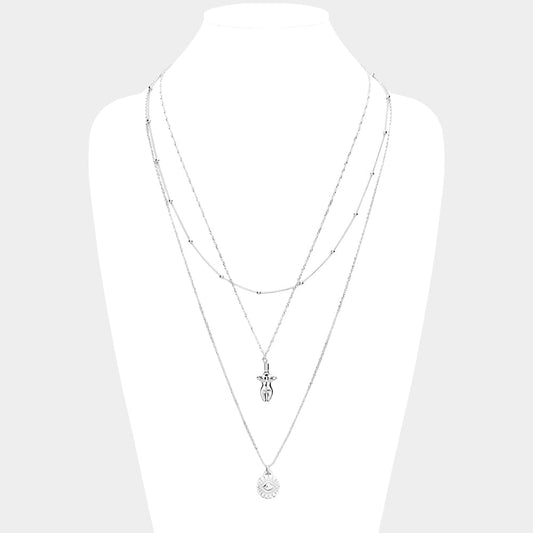 Madeline Love Clear, Rhodium Evil Eye Body Pendant Metal Layered Necklace - Necklaces