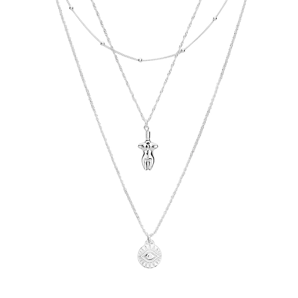 Madeline Love Clear, Rhodium Evil Eye Body Pendant Metal Layered Necklace - Necklaces - desc