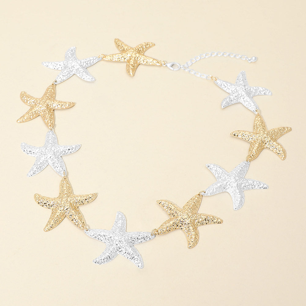 Madeline Love Gold, Silver Textured Metal Starfish Link Statement Necklace - Necklaces