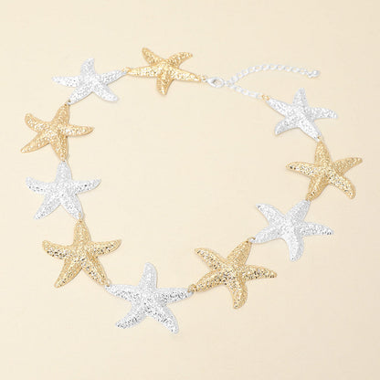 Madeline Love Gold, Silver Textured Metal Starfish Link Statement Necklace - Necklaces
