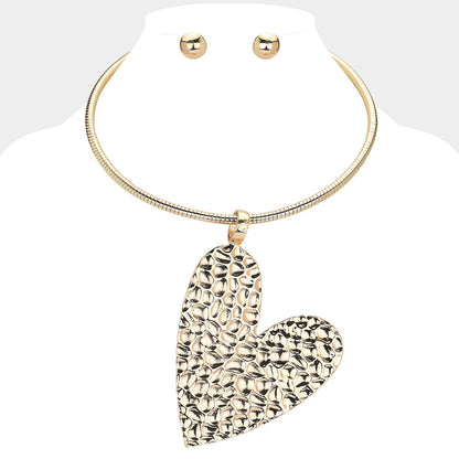 Textured Metal Heart Pendant Statement Necklace