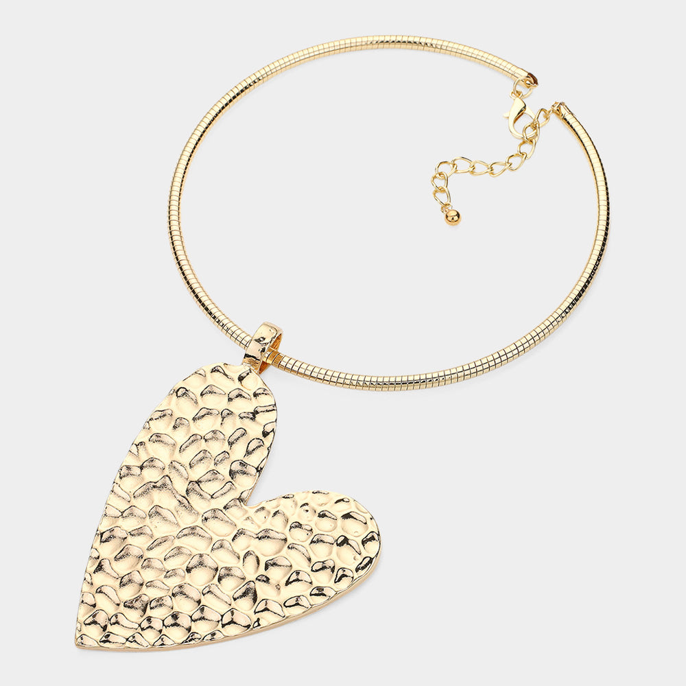 Textured Metal Heart Pendant Statement Necklace - Necklaces
