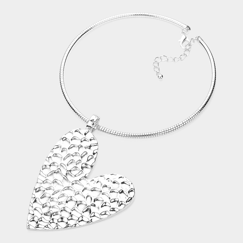 Textured Metal Heart Pendant Statement Necklace - Necklaces
