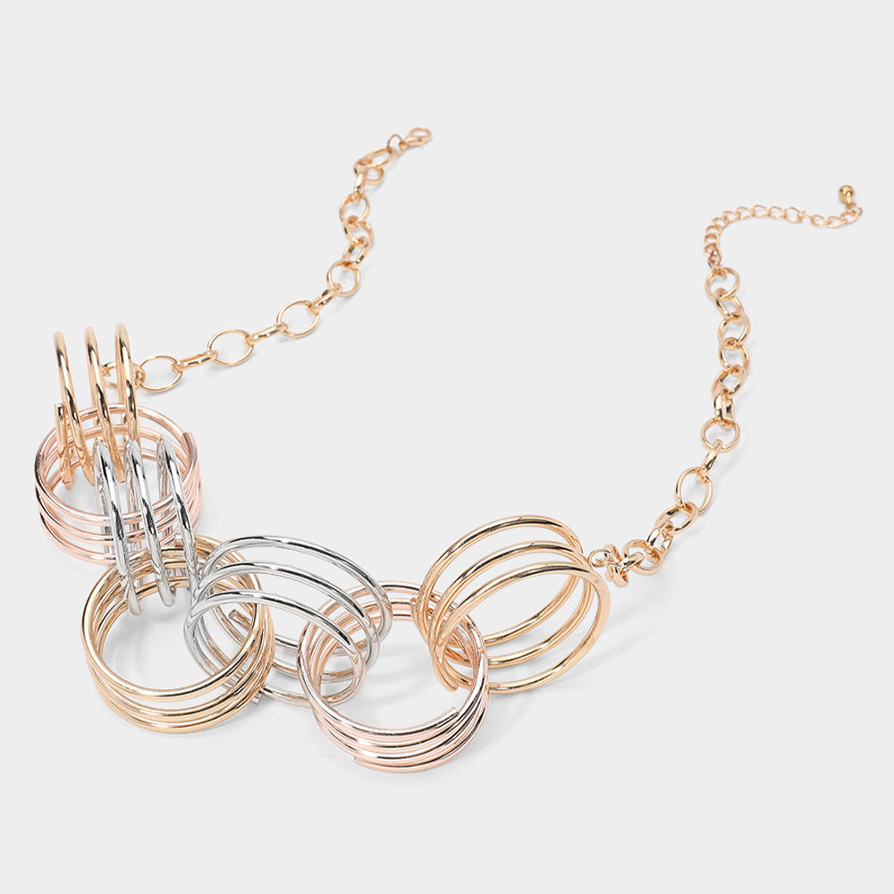 Madeline Love Gold, Two Tone Abstract Triple Metal Wire Ring Link Statement Necklace - Necklaces - desc