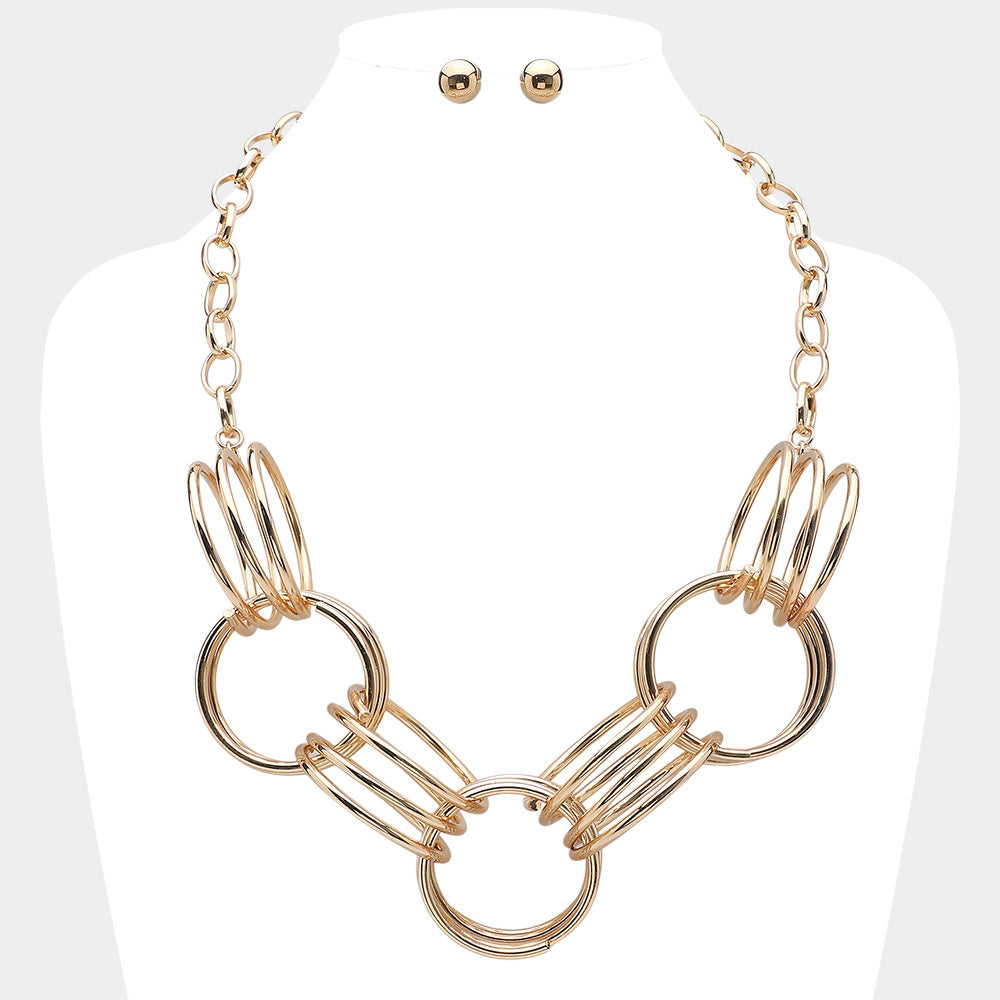 Madeline Love Gold Abstract Triple Metal Wire Ring Link Statement Necklace - Necklaces