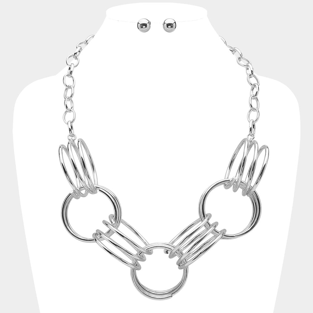 Madeline Love Rhodium Abstract Triple Metal Wire Ring Link Statement Necklace - Necklaces