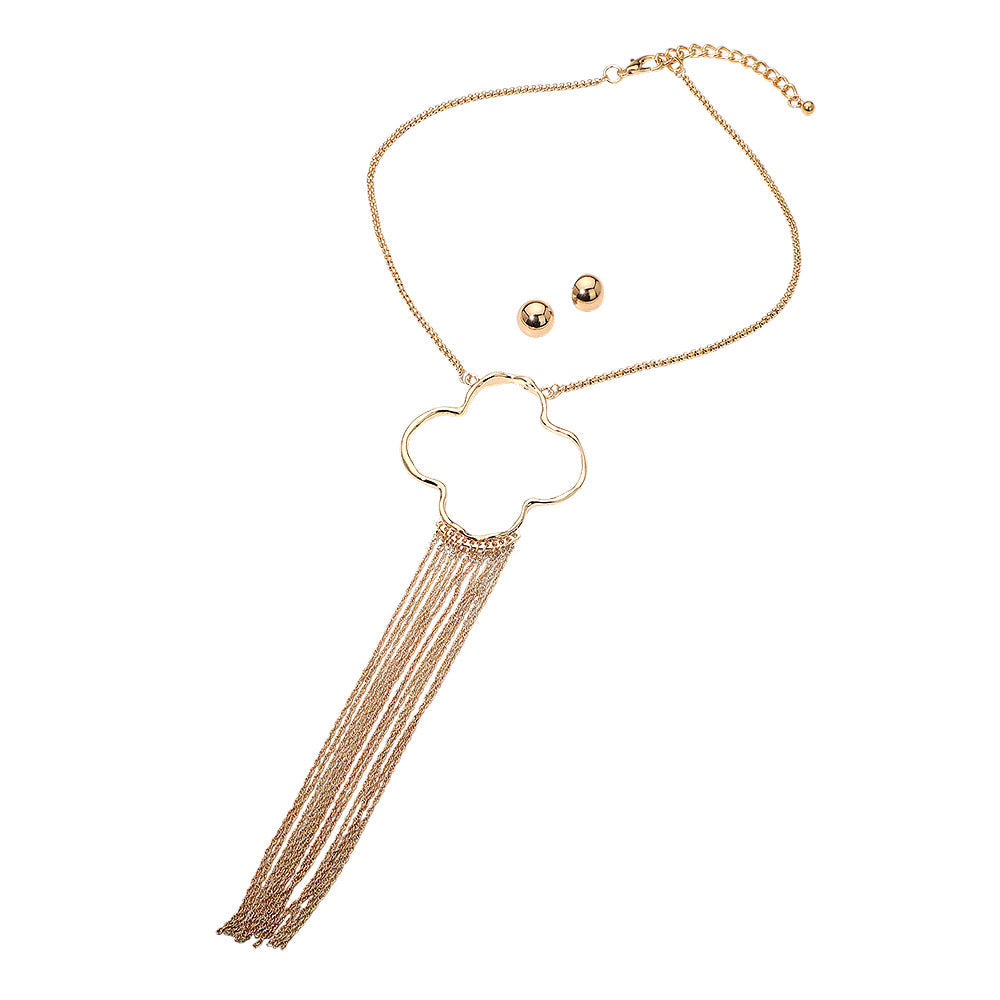 Madeline Love Gold Open Quatrefoil Fringe Tassel Accent Statement Necklace - Necklaces - extra