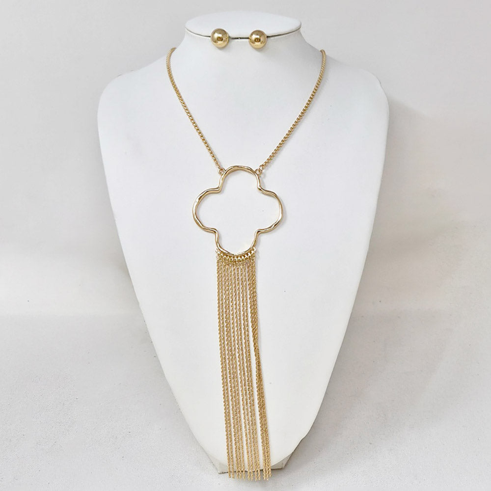 Madeline Love Gold Open Quatrefoil Fringe Tassel Accent Statement Necklace - Necklaces - extra