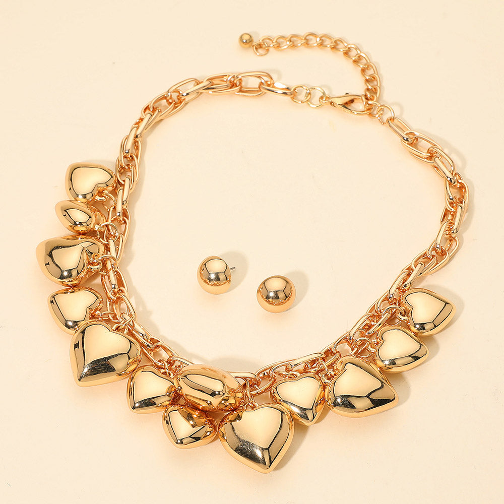 Madeline Love Gold Chunky Puffy Metal Heart Charm Embellished Necklace - Necklaces - desc