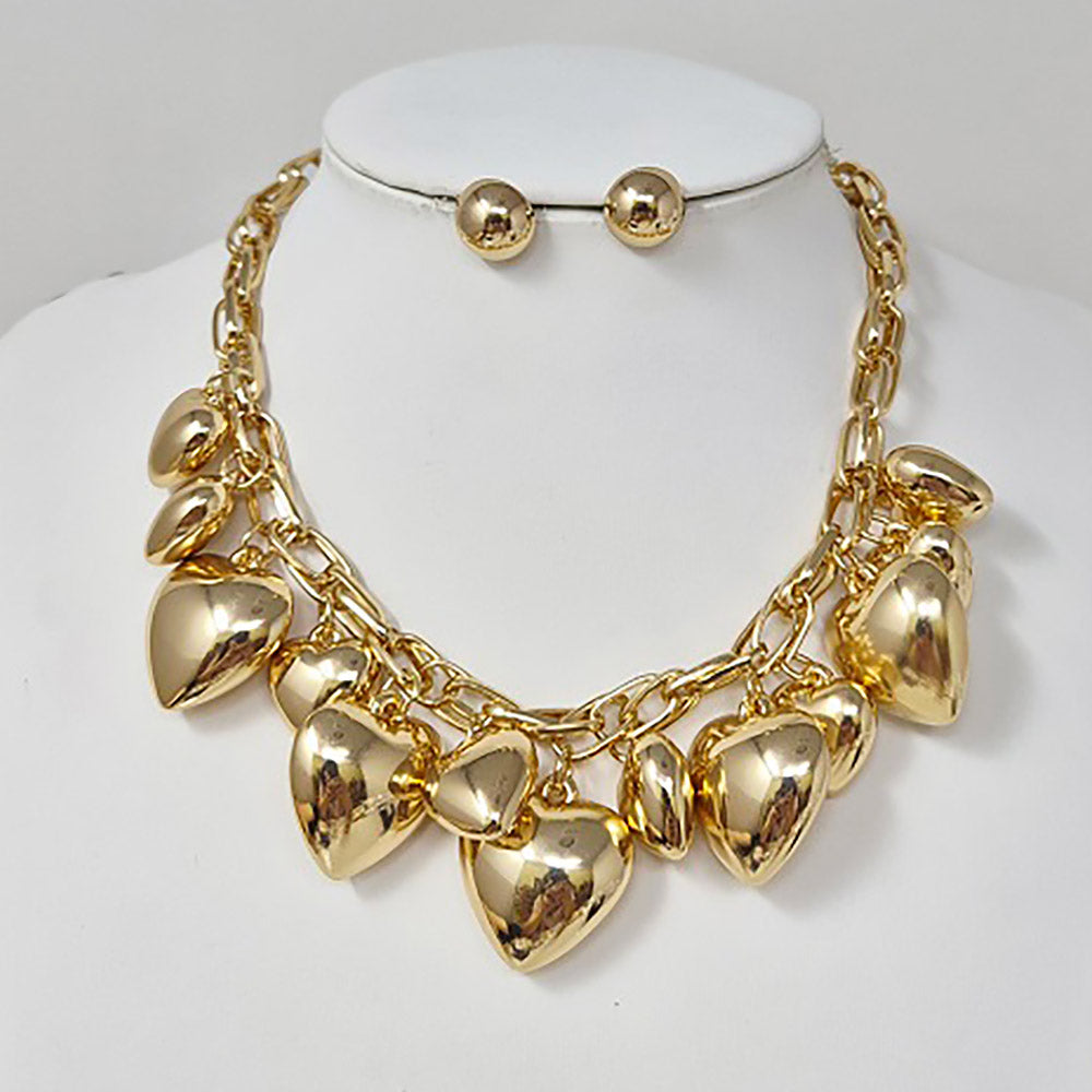 Madeline Love Gold Chunky Puffy Metal Heart Charm Embellished Necklace - Necklaces - extra