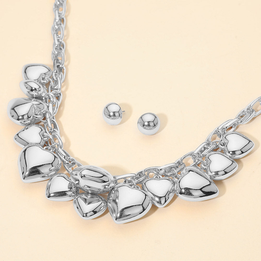 Madeline Love Rhodium Chunky Puffy Metal Heart Charm Embellished Necklace - Necklaces