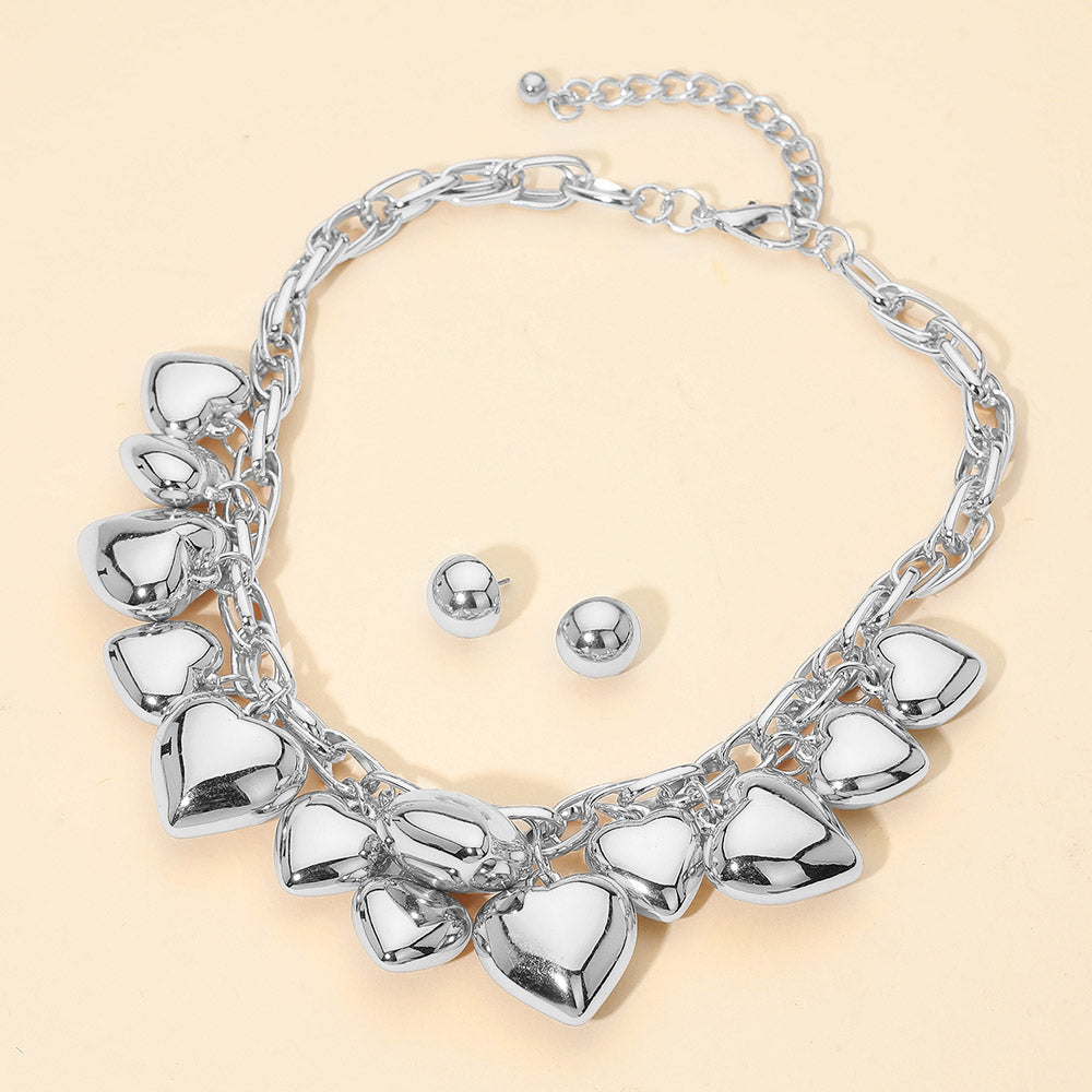Madeline Love Rhodium Chunky Puffy Metal Heart Charm Embellished Necklace - Necklaces - desc