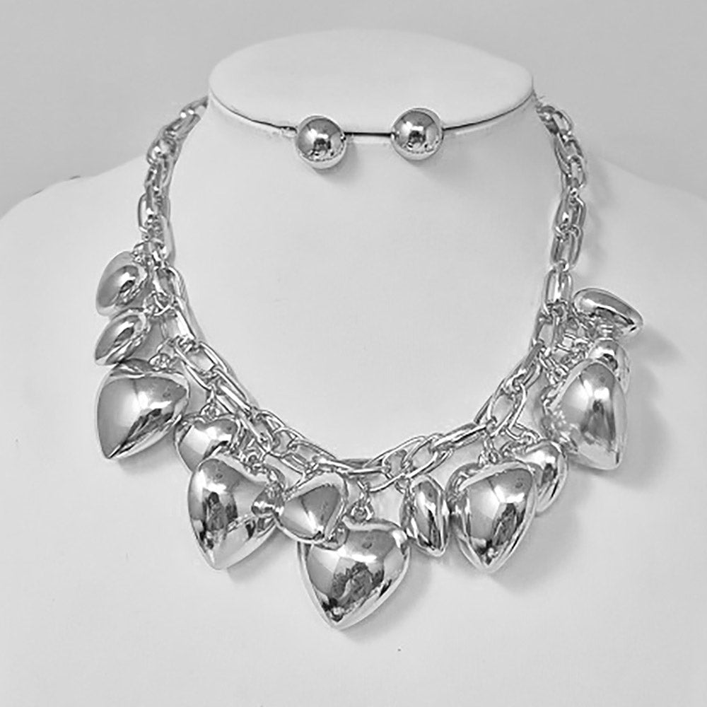 Madeline Love Rhodium Chunky Puffy Metal Heart Charm Embellished Necklace - Necklaces - extra