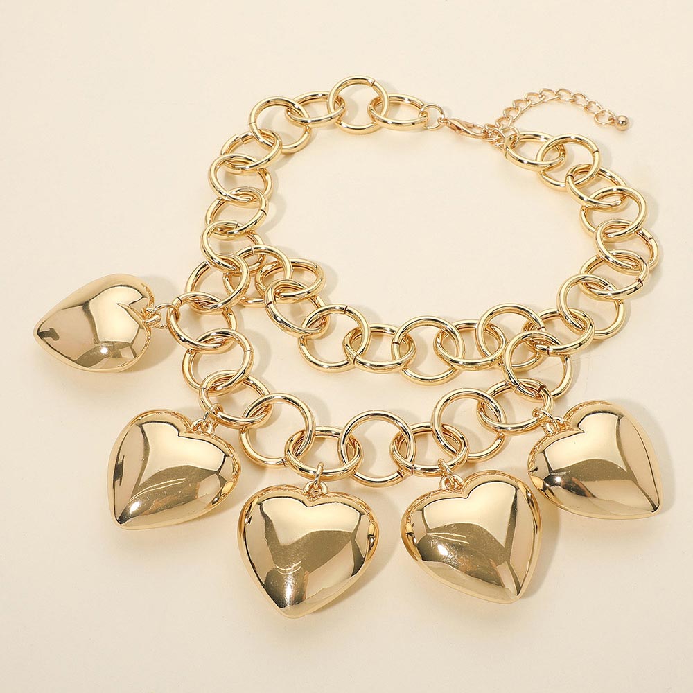 Madeline Love Gold Bold Puffy Metal Heart Charm Station Linked Chain Layered Statement Necklace - Necklaces