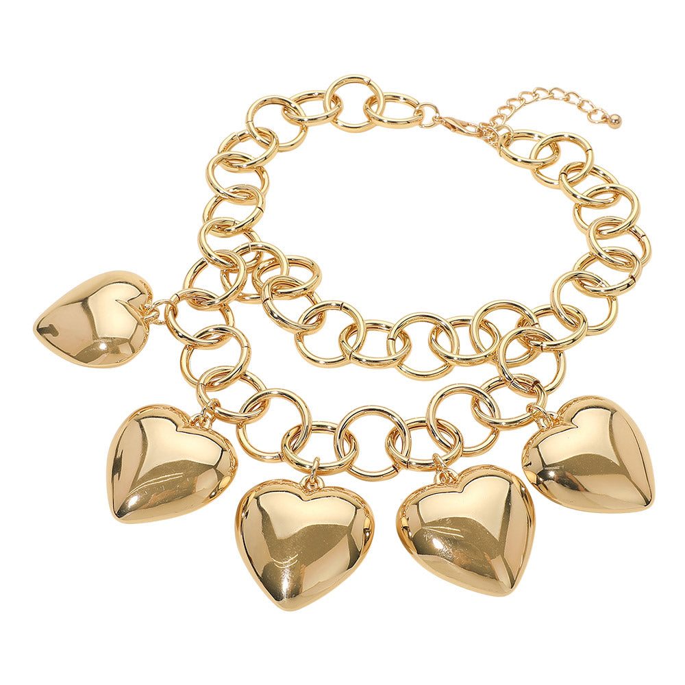Madeline Love Gold Bold Puffy Metal Heart Charm Station Linked Chain Layered Statement Necklace - Necklaces - desc