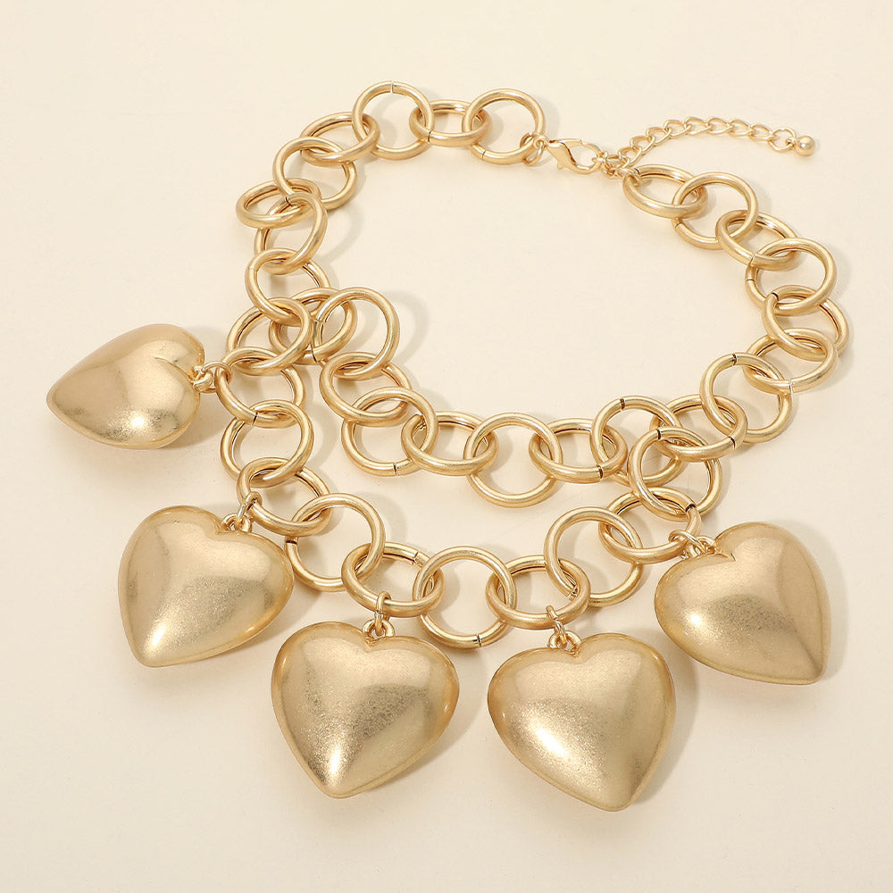 Madeline Love Matte gold Bold Puffy Metal Heart Charm Station Linked Chain Layered Statement Necklace - Necklaces