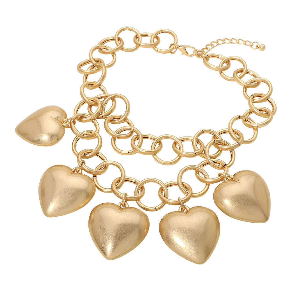 Madeline Love Matte gold Bold Puffy Metal Heart Charm Station Linked Chain Layered Statement Necklace - Necklaces - desc