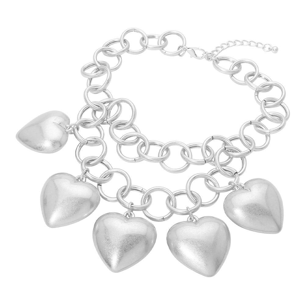 Madeline Love Matte Silver Bold Puffy Metal Heart Charm Station Linked Chain Layered Statement Necklace - Necklaces - desc