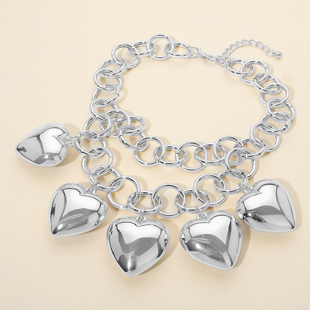 Madeline Love Rhodium Bold Puffy Metal Heart Charm Station Linked Chain Layered Statement Necklace - Necklaces