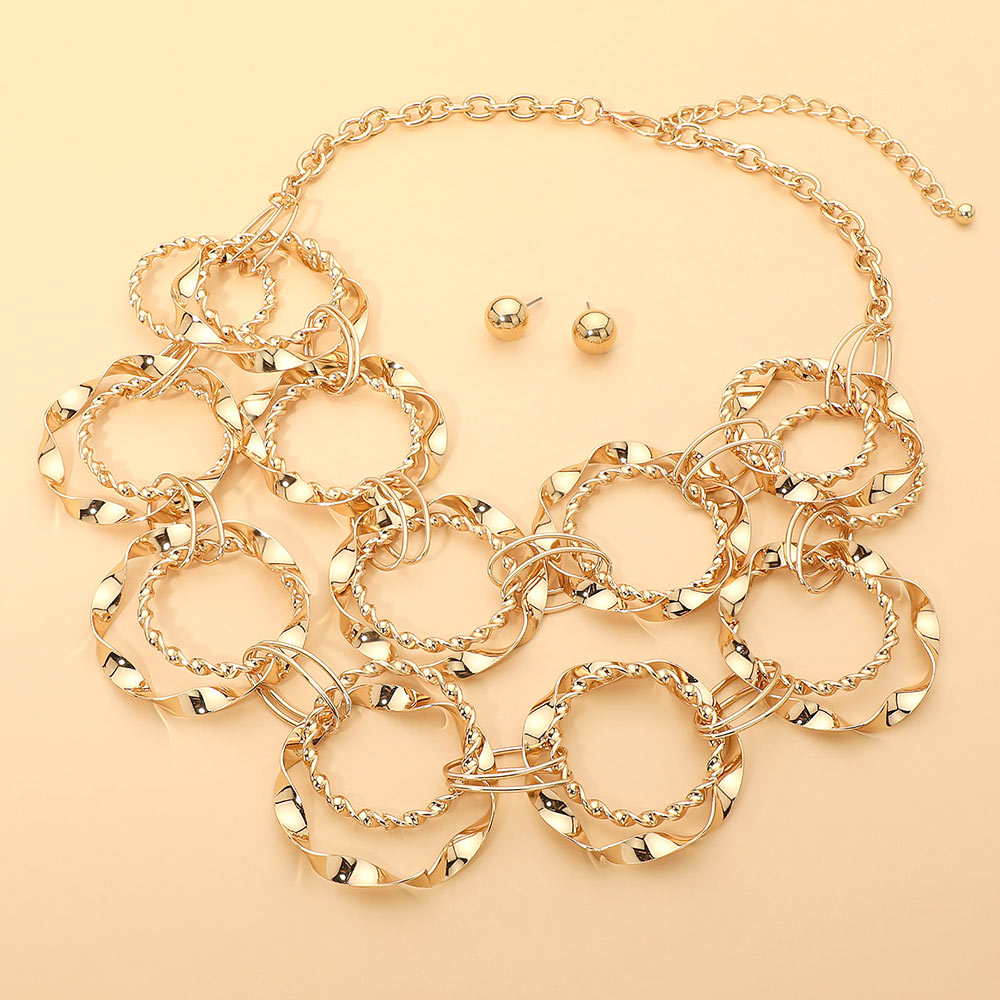 Madeline Love Gold Textured Metal Interlocking Circle Layered Statement Necklace