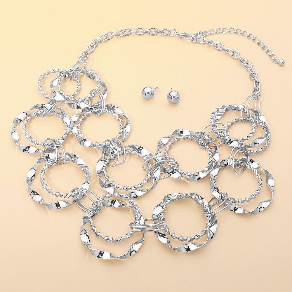 Madeline Love Rhodium Textured Metal Interlocking Circle Layered Statement Necklace