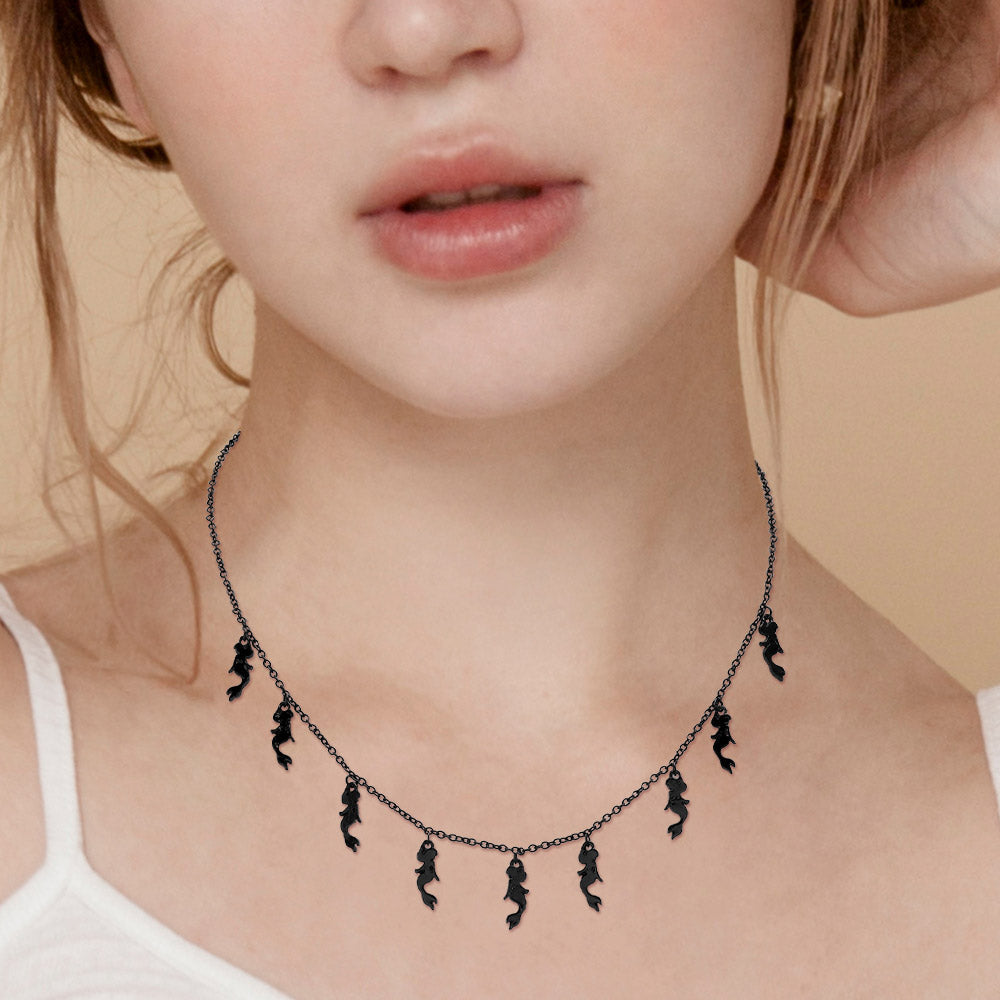 Black Metal Mermaid Charm Station Necklace