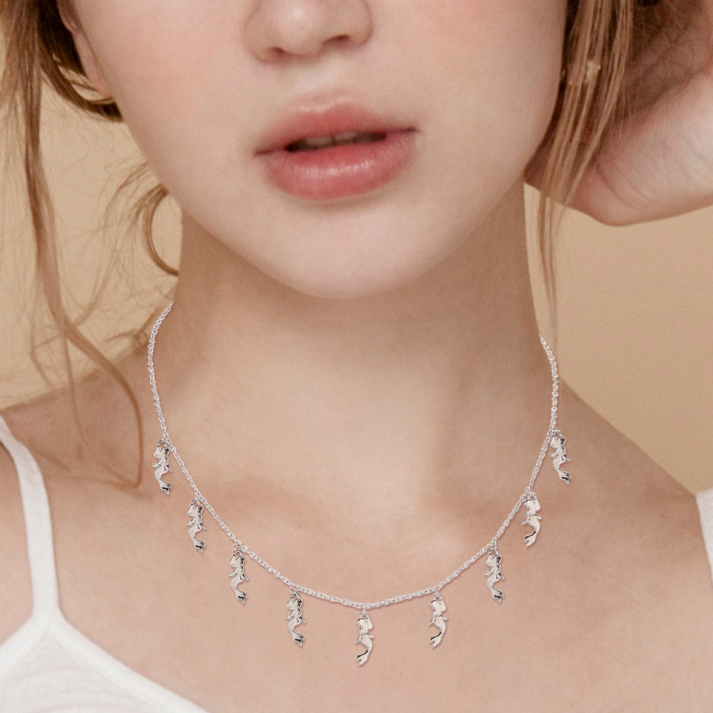 Silver Metal Mermaid Charm Station Necklace
