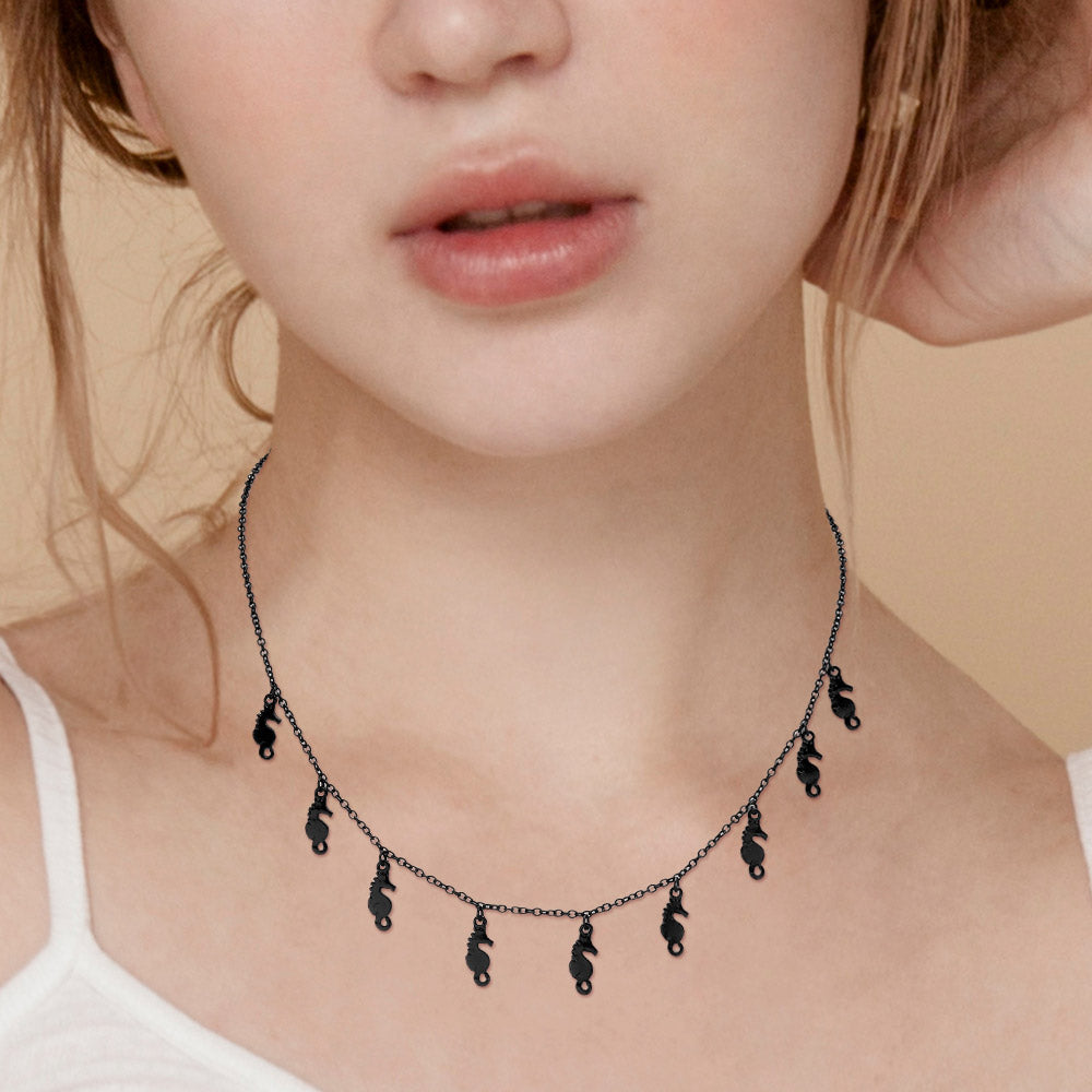 Madeline Love Black Metal Seahorse Charm Station Necklace - Necklaces
