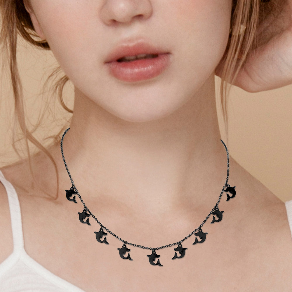 Madeline Love Black Metal Dolphin Charm Station Necklace - Necklaces