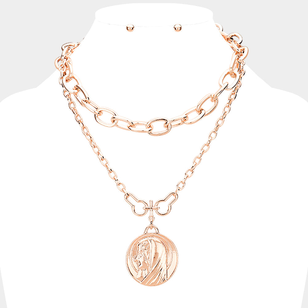 Madeline Love Rose Gold Layered Saint Mary Metal Pendant Necklace - Necklaces