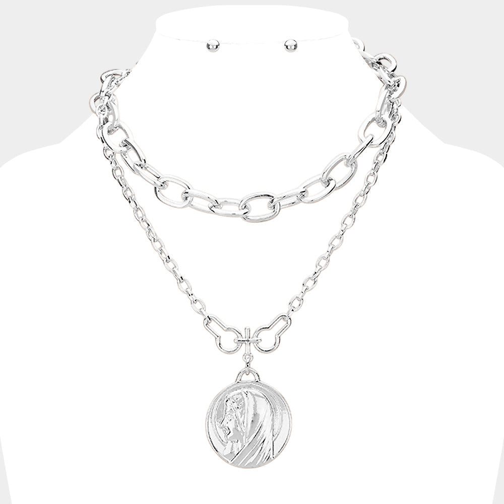 Madeline Love Rhodium Layered Saint Mary Metal Pendant Necklace - Necklaces