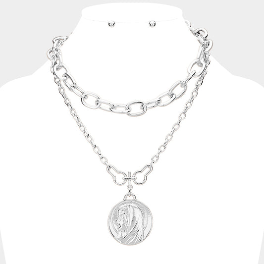 Madeline Love Rhodium Layered Saint Mary Metal Pendant Necklace - Necklaces