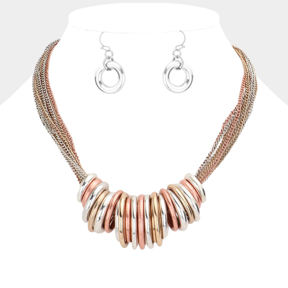 Madeline Love Matte gold, Three Tone Antique Metal O-Ring Stacked Necklace - Necklaces