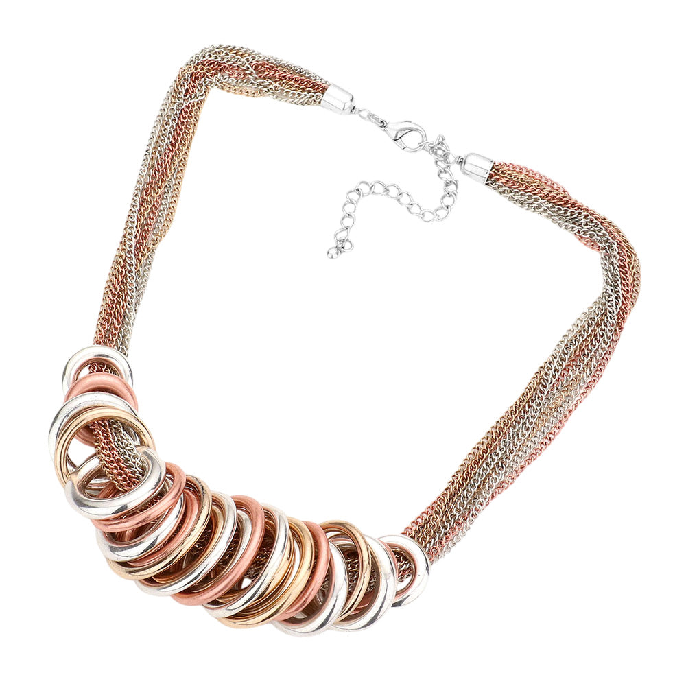 Madeline Love Matte gold, Three Tone Antique Metal O-Ring Stacked Necklace - Necklaces - desc