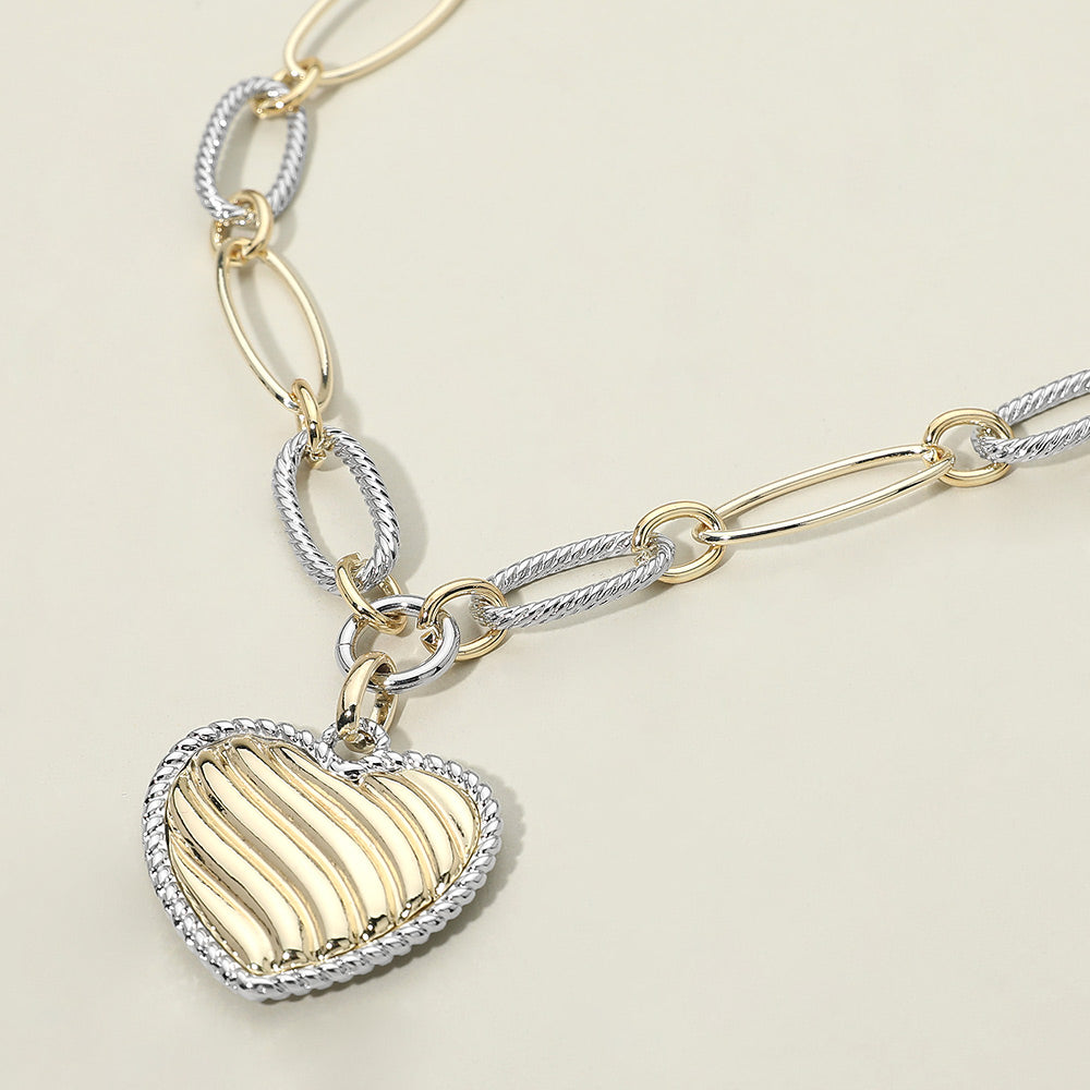 Madeline Love Two Tone 14K Gold Plated Bold Two Tone Oval Link Textured Heart Pendant Necklace