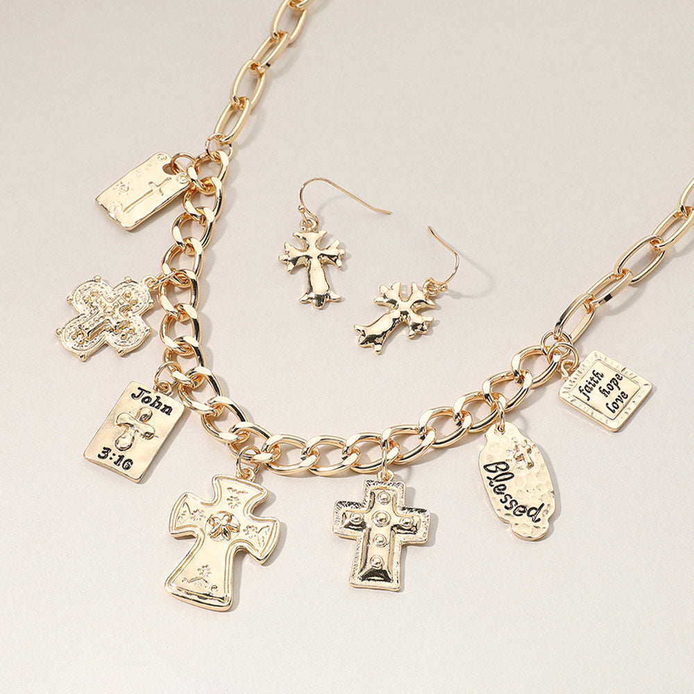 Madeline Love Gold Metal Cross Bible Charm Station Chunky Chain Necklace - Necklaces