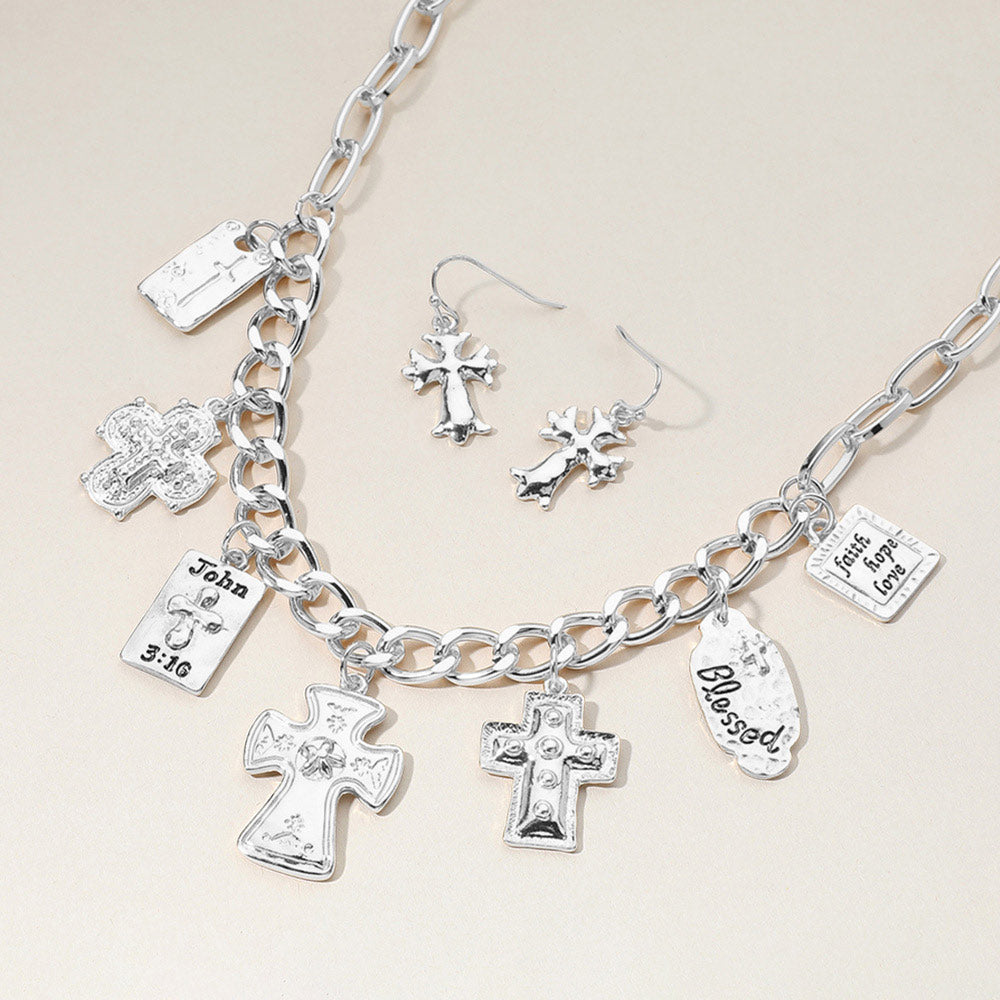 Madeline Love Silver Burnished Metal Cross Bible Charm Station Chunky Chain Necklace - Necklaces